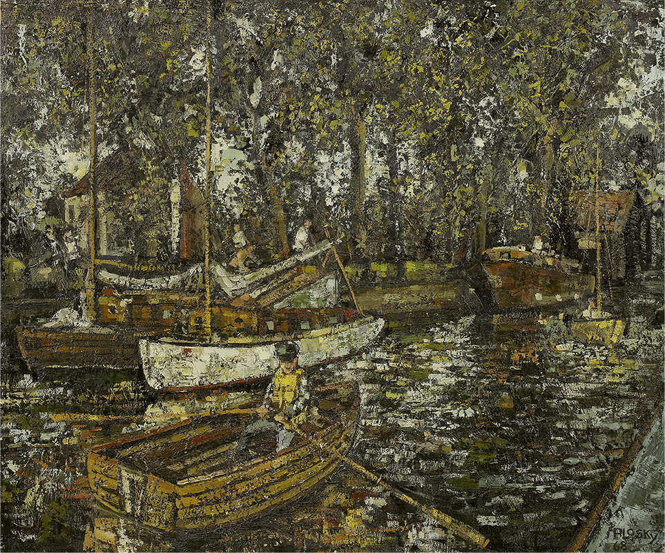 boats on water surrounded by trees. Image uses dark, moody tones, the water is black-grey