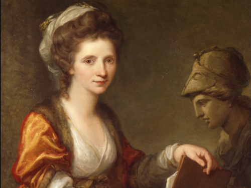artist angelica kauffman with white satin dress and red robe. Bust of Minevra in the background