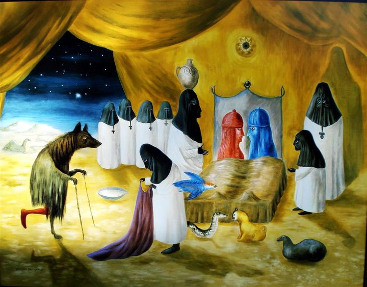 painting of a man wearing a red scarf and women wearing a blue heard scarf with only eyes showing. 8 figures in white with black headscarves and a wolf standing on 2 legs with walking sticks