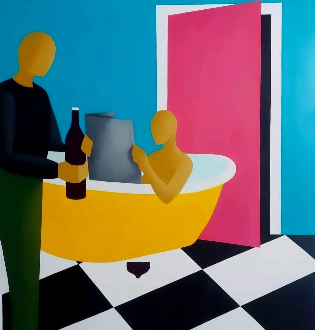 lady in a bath reading a newspaper, man outside of the bath with a bottle of wine. The door of the blue bathroom is pink and open
